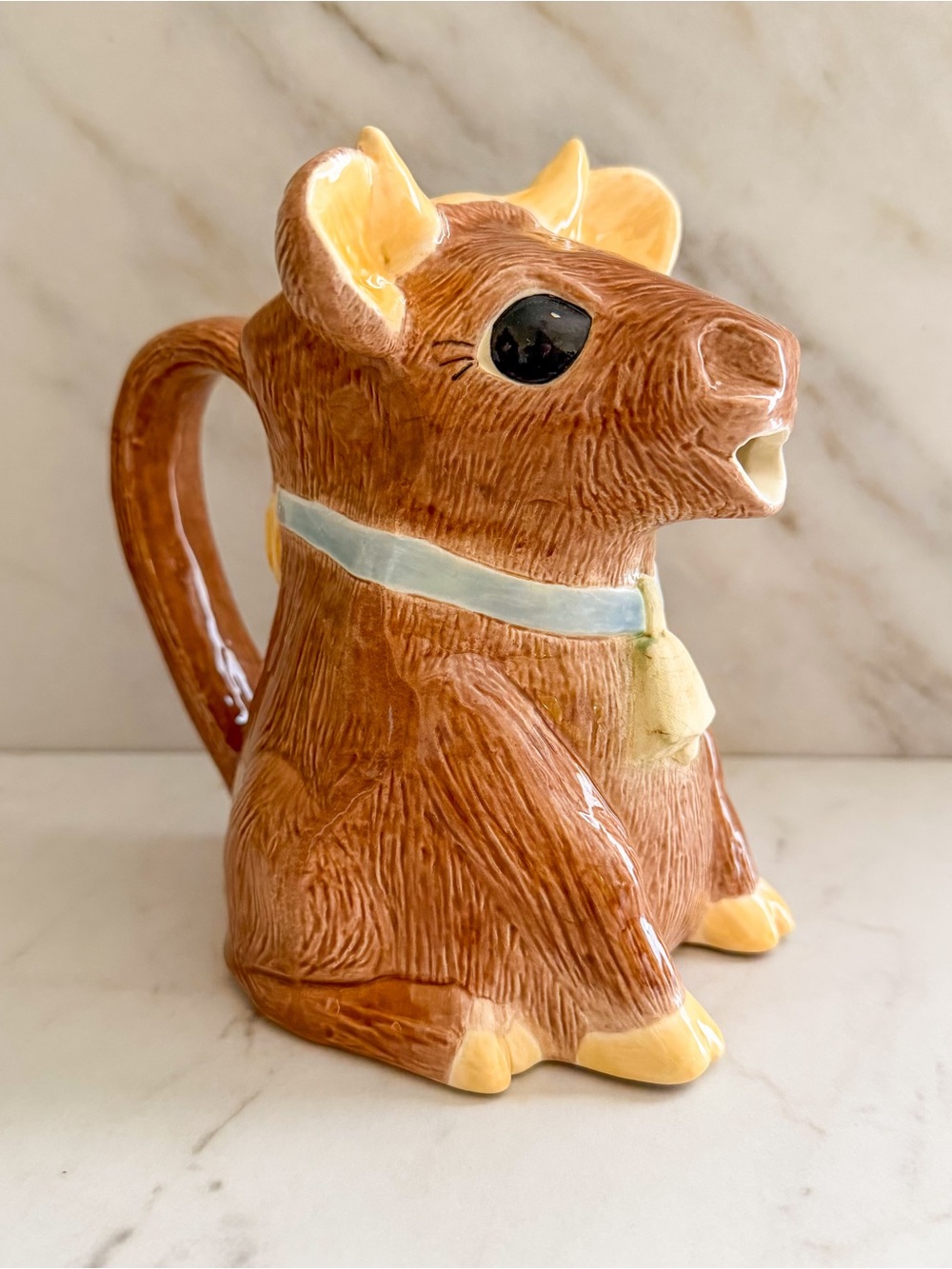 Ceramic Brown Cow Pitcher with Blue Collar & Bell